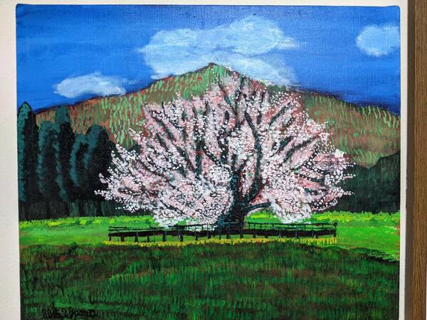 ☆風景画 桜～さくら～ 桜満開 １点物 田舎 インテリア　癒やし ＨＯＬＢＥＩＮ Ｆ８キャンバス(455mm×380mm)８号　アクリル樹脂絵の具