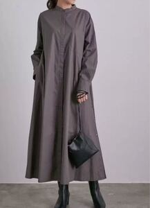 バンドカラー ロングシャツワンピース グレー