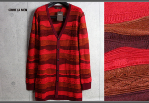  new goods Comme Ca men middle thick wool . knitted border Layered solid design long cardigan L red regular price 3.8 ten thousand jpy /COMME CA MEN