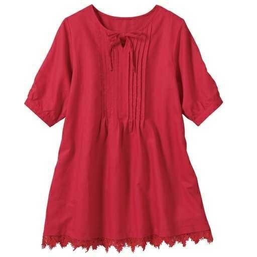 値下 新品タグ 可愛い リボン タック 裾レース チュニック 綿 麻 4L カットソー 半袖 レッド 赤 3XL 大きいサイズ