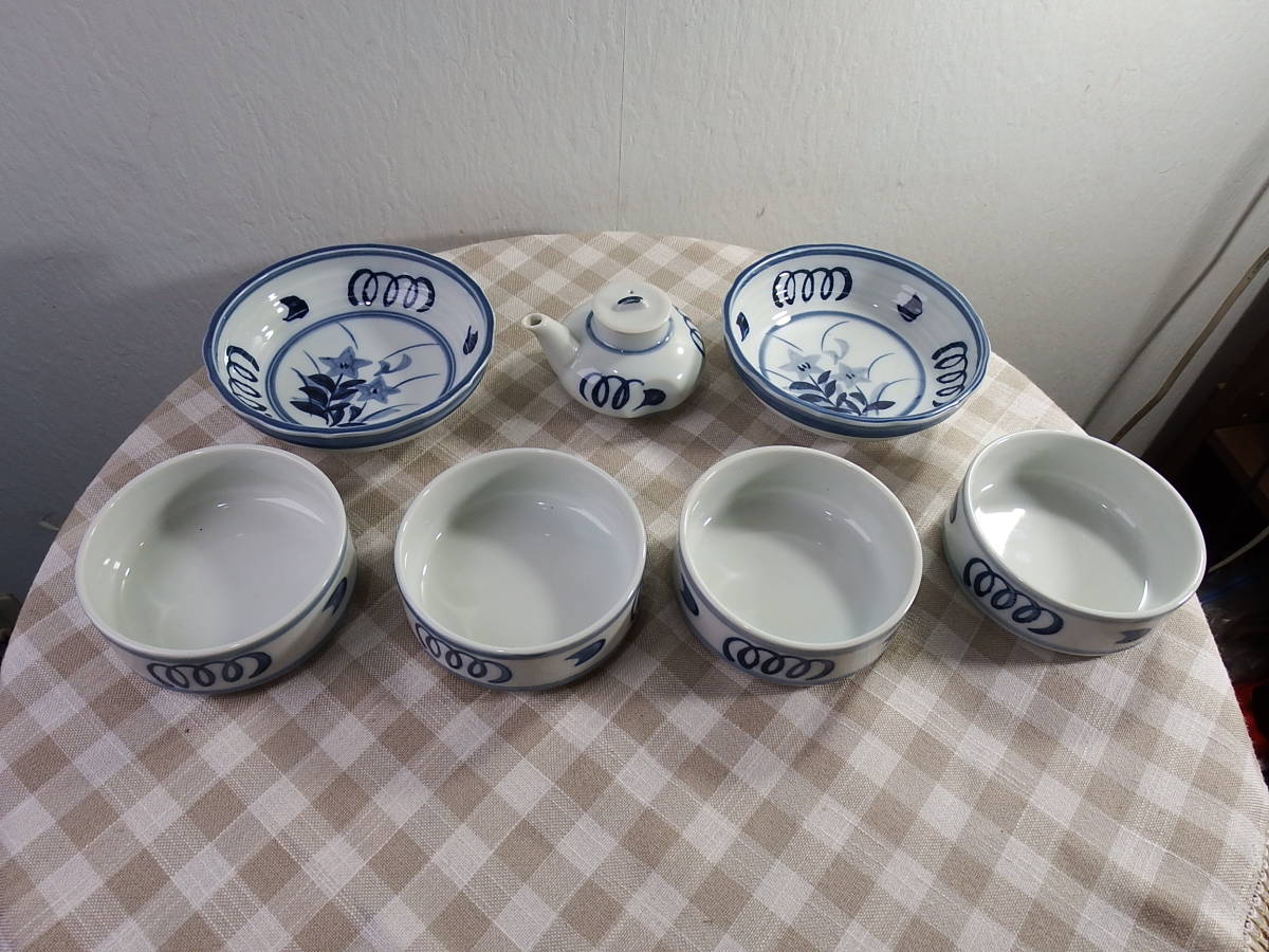 中古美品 龍峯窯 手描き 醤油さし･中鉢2個･丸形中鉢4個, 和食器, 鉢, その他