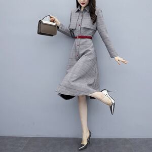 ワンピース チェック ひざ丈ワンピース ドレス コート　春　かわいい　ベルト　M オフィスカジュアル　春服　夏服　グレー　