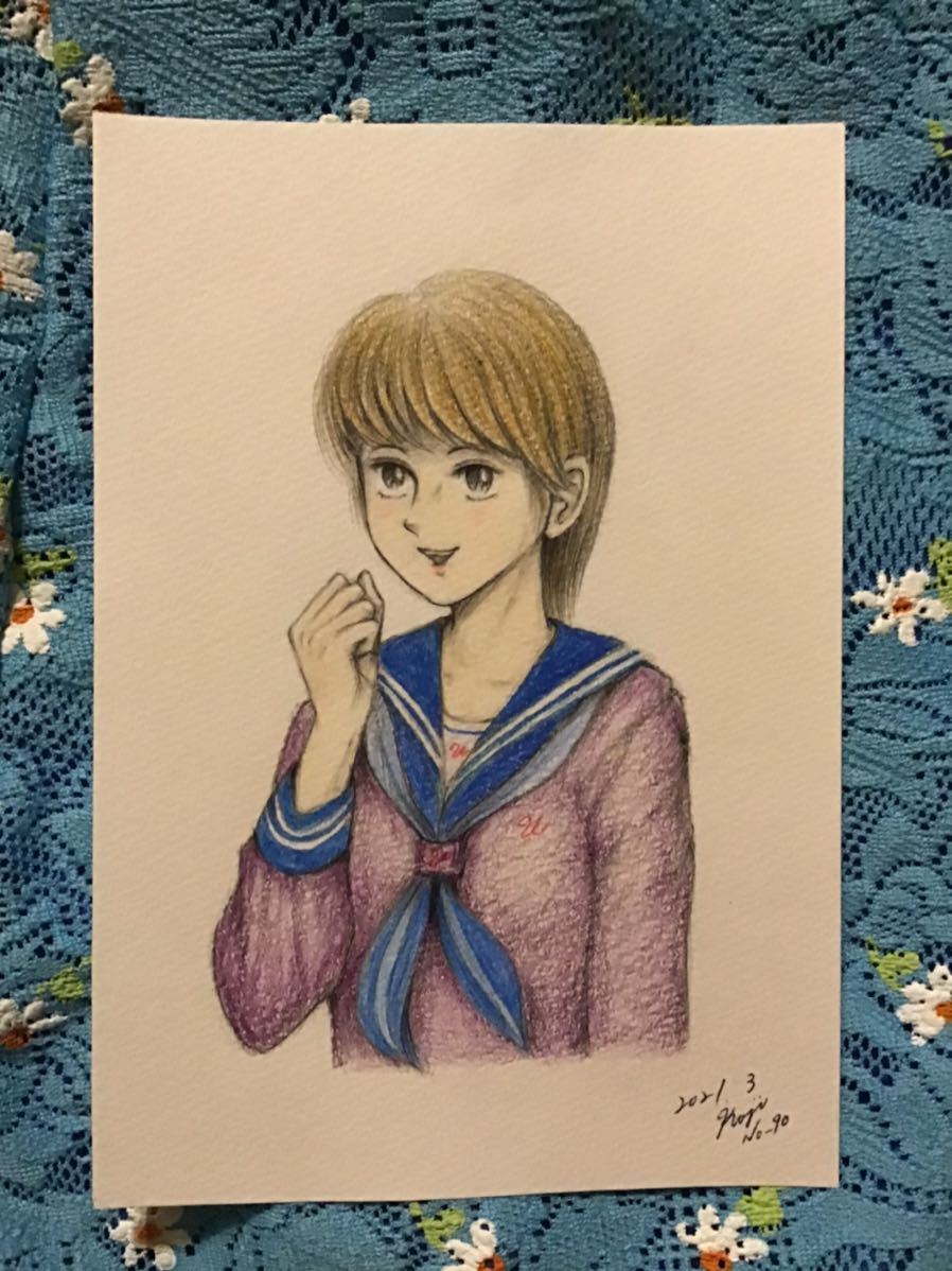 Handwritten illustration girl ★Girl in sailor suit NO.90 ★Pencil Colored pencil Ballpoint pen ★Drawing paper ★Size 16.5 x 11.5cm ★New, comics, anime goods, hand drawn illustration