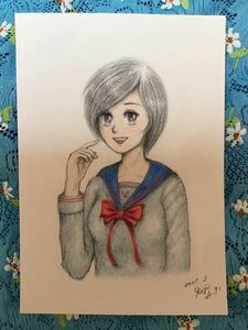 Art hand Auction Hand-drawn illustration of a girl ★Girl in a sailor suit NO.91 ★Pencil, colored pencil, ballpoint pen ★Drawing paper ★Size 16.5 x 11.5 cm ★Brand new, Comics, Anime Goods, Hand-drawn illustration