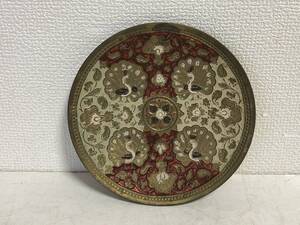 ■孔雀紋 インド製 絵皿 真鍮 プレート 古い 飾り皿■サ10