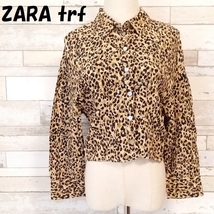 【人気】ZARA trf/ザラティーアールエフ レオパード柄 ショート丈 長袖シャツ ドロップショルダー ブラウン系 サイズM レディース/A386_画像1