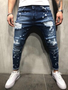 ジーンズ ペイント テーパード ダメージ デニム パンツ5gj6w