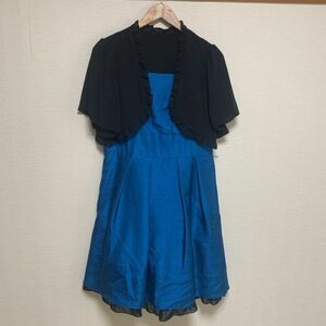 シャンタンワンピースドレス　ボレロ付　13号　ブラック　ターゴイス 【MA-644】