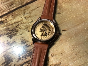 BK0219 良品 レア ヴィンテージ SWANK スワンク コイン アメリカ 1905 ゴールドカラー SWISS 茶革ベルト クオーツ レディース 腕時計