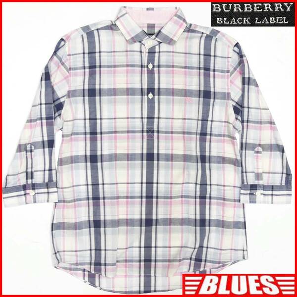 即決★BURBERRY BLACK LABEL★メンズM 廃版 チェックシャツ バーバリーブラックレーベル 2 ピンク 三陽商会正規 ナイト刺繍 長袖 7分丈