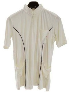 CH2091 ◆ 新品 ナース服 ハイネック 半袖 胸元ファスナー 両サイドライン入り 左胸ポケット Lサイズ ホワイト/ ネイビー 送料350円