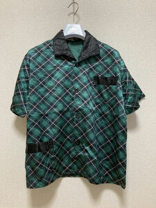 ヨーロッパヴィンテージ elegant fur lhn パジャマシャツ サテン 半袖シャツ チェック柄シャツ オープンカラーシャツ 46/48 緑