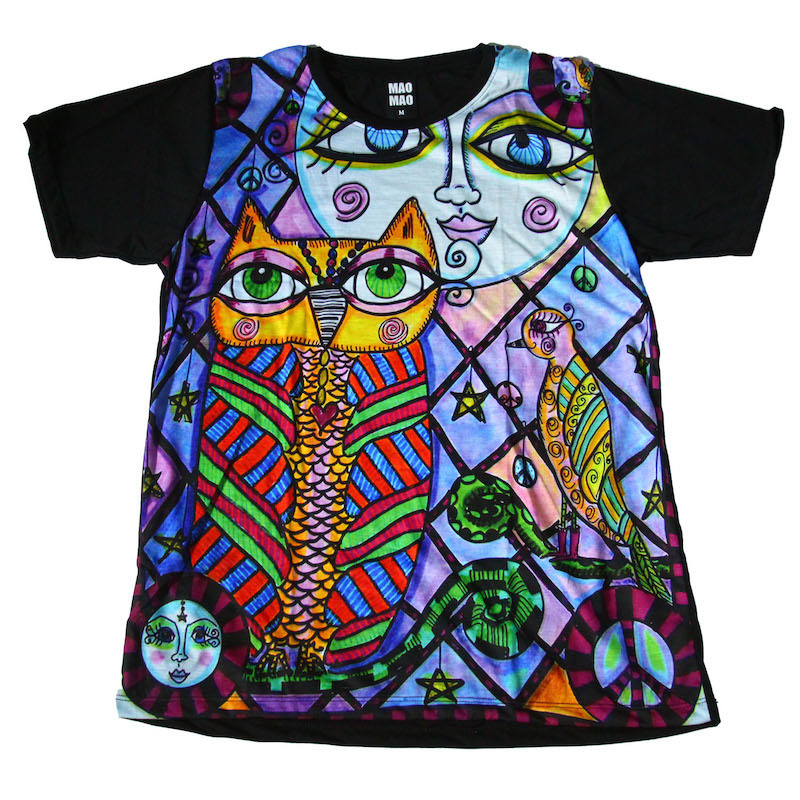 猫头鹰彩绘玻璃艺术动物太阳毕加索风格绘画艺术设计T恤搞笑T恤男T恤短袖★E141L, L号, 圆领, 一个例子, 特点