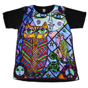 Art hand Auction Owl Stained Glass Art Animal Sun Picasso Style Painting Art Design T-shirt Funny T-shirt Men's T-shirt Short Sleeve ★E141L, L size, round neck, An illustration, character