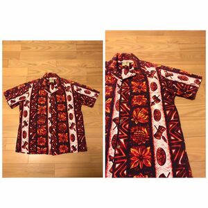 ☆60～70sUi- Maikai・Vintage Hawaiian shirt／サイズL相当 オリジナルビンテージ 半袖アロハシャツ　古銭メタルボタン&袋とじ襟 民族総柄