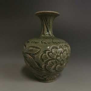 耀州窯 青磁 花入 花 釉陶 陶器 時代物 唐物 極精工 置物 中国古美術 高さ11cm