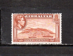 20E197 ジブラルタル 1938年 普通 国王ジョージ6世とジブラルタル海峡の岩壁東風景 1d 赤茶 目打14 未使用OH