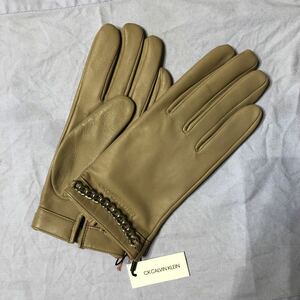 { new goods } Calvin Klein, stylish high class leather gloves,, beige M