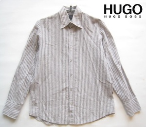 高級ルーマニア製!!ヒューゴボス HUGO BOSS*美シルエット ロゴタグ付きストライプ柄長袖シャツ L グレー×ワイン