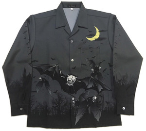 長袖 オープンシャツ スカル 蝙蝠 バイカー風 5L グレー メンズ 大きいサイズ 日本製 受注生産6週間納期 新品