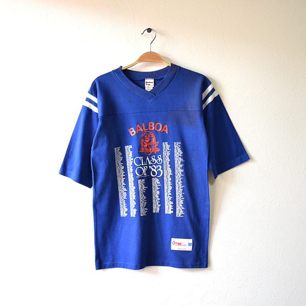 【送料無料】80S USA製 バルボア ヴィンテージ フットボール 半袖 プリント Tシャツ メンズS/M程度 青色 ※シミあり BB0015
