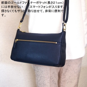 ★新品★ハンドメイド★日本製★ソフト本革★斜め掛けショルダーバッグⅡ★ネイビー色★ゴールド金具★お財布★スマホ★ 横型★ 超軽量★