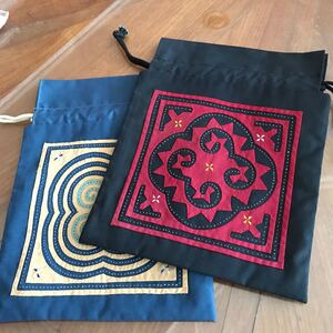 巾着袋 タイ 刺繍 ハンドメイド 布バッグ 2点セット 20×25cm ハンドクラフト THAILAND 手作り