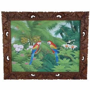 2匹のカラフルオウムと椰子の絵 プンゴセカンスタイル 100X80 Parsa W.作 YSA-240453 美術品,絵画,アクリル、ガッシュ