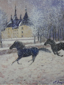 Art hand Auction Fuji Shoshu, [Château de Chambord, Neige et chevaux], Provenant d'une rare collection d'art encadrant, Produits de beauté, Nouveau cadre inclus, frais de port inclus, peintre japonais, Peinture, Peinture à l'huile, Nature, Peinture de paysage