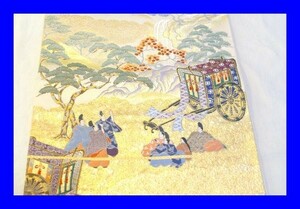 ○美品 女性着物 刺繍 花柄 金糸 六通 袋帯 風景画426cm KBU3
