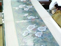 ○美品 女性着物 正絹 六通 袋帯 銀糸 花柄 434cm K0162_画像2