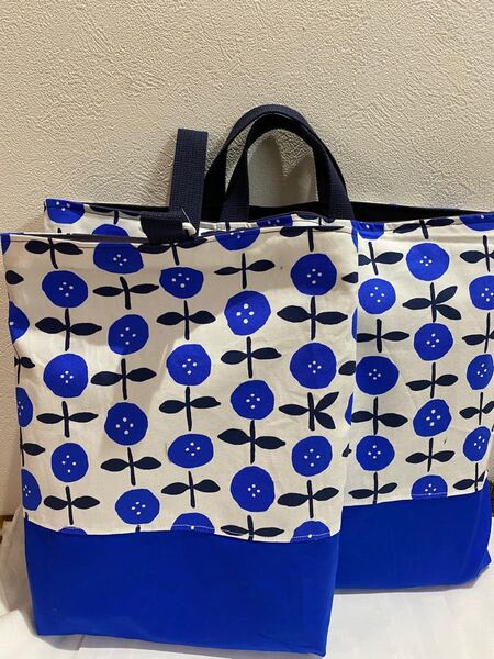 ハンドメイド☆レッスンバック&上履き入れ☆北欧調ボタンみたいなお花 青