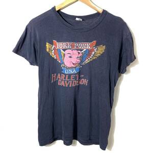 ■ビンテージ USA製 HARLEY DAVIDSON ハーレーダビッドソン YORK PORK 豚プリント 半袖Tシャツ 古着 アメカジ ブラック ピッグ 動物■