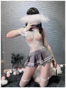 02 グレー セーラー服 sexy コスプレ衣装 タイツ付き2点セット 超人気 透け透け 伸縮性良い セクシーランジェリー