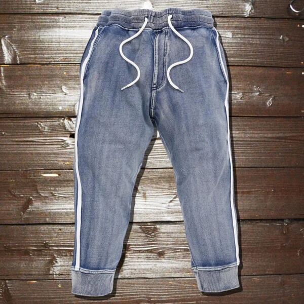 NEW■カットデニム サイド2ライン クロップドパンツ 青M 伸縮 ストレッチ
