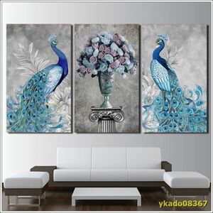 Art hand Auction P2385：3 幅孔雀情侣画现代帆布印刷照片墙艺术框架客厅家居装饰花卉海报, 艺术品, 绘画, 其他的