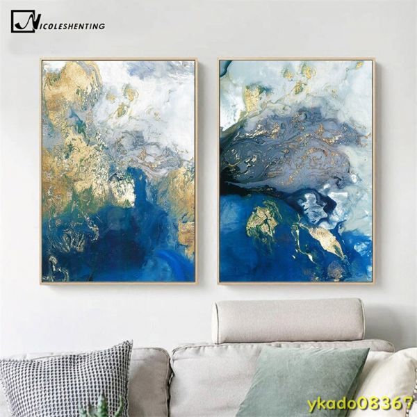 P1699: Blue Golden Modern Abstract Ocean Wall Poster Nordic Canvas Print Painting Contemporary Art Decor Picture Living Room Decoration, Printed materials, Poster, others