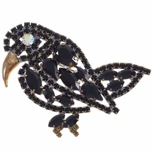 C3697* black . bird kalas* bird motif * Czech production glass rhinestone * Vintage brooch *