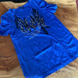 ラインストーン Tシャツ ブルー パープル 袖がクシュクシュしたデザイン 半袖Tシャツ カットソー トップス　サイズ40