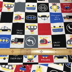 送料無料■車柄 乗り物柄 生地幅×約100cm 格子 CBコットン 1m■入園入学 通園 はぎれ ハンドメイド カバー メルヘン