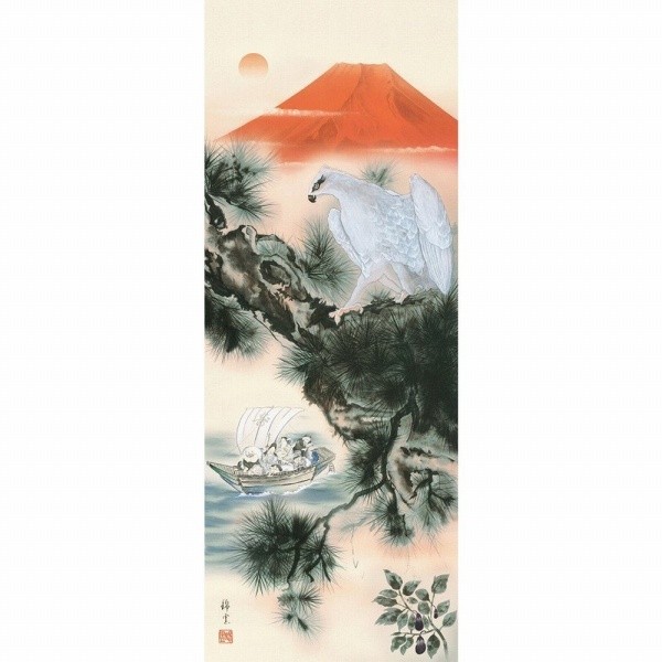 ◇新品 鈴村秀山『赤富士双鶴（尺五立）』高精彩工芸画 掛軸 掛け軸