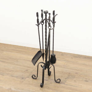  iron. old fire - tool set stand (4 point set ) fireplace / old tool / cleaning tool / store furniture / display / interior miscellaneous goods /. interior ornament /AL-2248