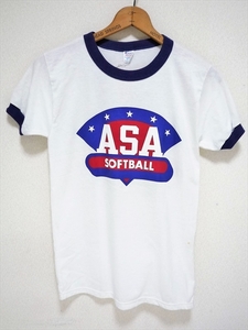 80’ｓ ビンテージ Champion チャンピオン リンガー USA製 Tシャツ 半袖 ASA SOFTBALL ソフトボール 白×紺 M スポーツ デッドストック 