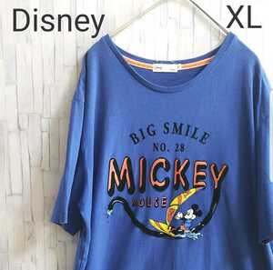 Disney ディズニー ミッキー Tシャツ 半袖 プリントTシャツ サイズXL ブルーネイビー ビッグロゴ デカロゴ 送料無料
