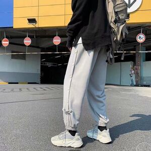 ジョガーパンツ テーパードパンツ サイドボタン ボトムス パンツ メンズ レディース 原宿系 ストリート 韓国系 グレー 灰色 L