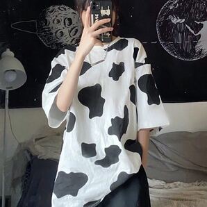 Tシャツ ビッグシルエット 半袖 トップス カウ柄 牛柄 ダルメシアン アニマル柄 シャツ レディース メンズ 原宿系 韓国系 オルチャン XL