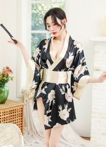 セクシー コスプレ 花魁 和服 着物 ランジェリー 衣装 女性 和風 和装 コスチューム 豪華4点セット(白黒)