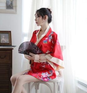 セクシー コスプレ 花魁 和服 着物 ランジェリー 衣装 女性 和風 和装 コスチューム 豪華4点セット(レッド)