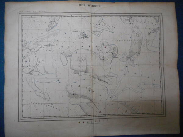 アンティーク、天文、星座早見盤、手彩色石版画、1835年『ホッフマン星図おひつじ座さんかく座他』Star map, Planisphere, Celestial atlas