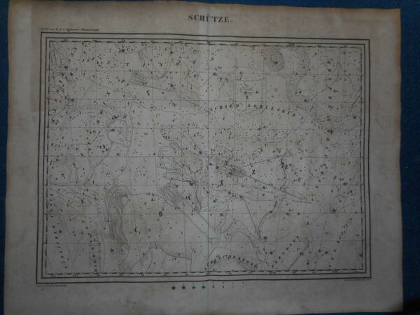 アンティーク、天文、星座早見盤、手彩色石版画、1835年『ホッフマン星図いて座たて座やぎ他』Star map, Planisphere, Celestial atlas